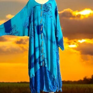 Bali Collection Vintage Blue Tie-Dye Real Shell Button Down Kaftan Boho Tunic